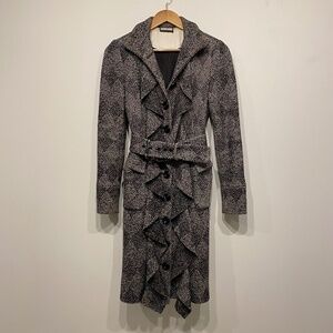 Diane Von Furstenberg White and Black Wool Blend Ruffle Long Belted Coat